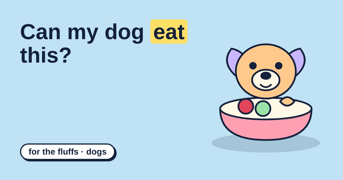A cartoon dog peeking over a pink food bowl holding a red and a green treat