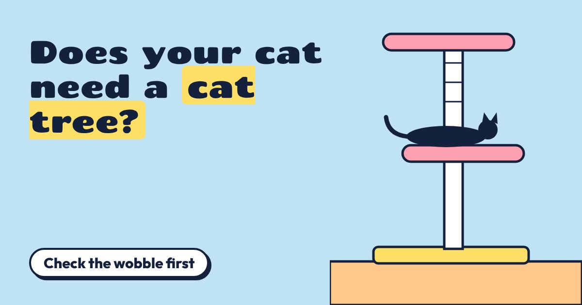 A cat lying on the middle perch of a drawn cat tree with pink perches and a yellow base