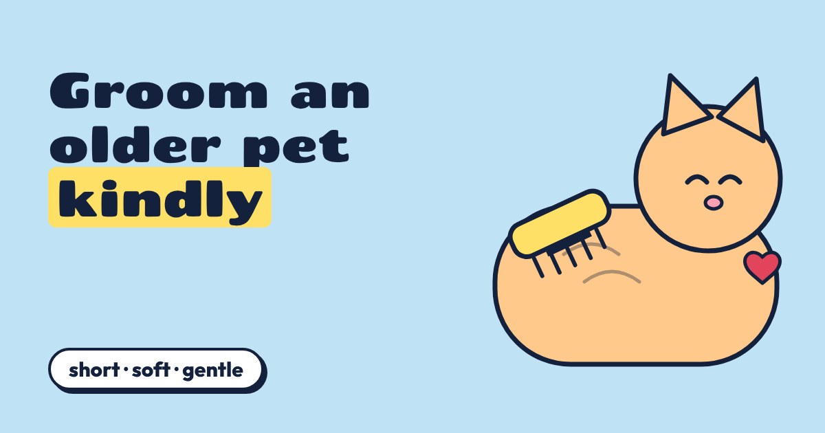A cartoon orange cat with closed eyes being brushed gently with a yellow brush, a red heart beside it