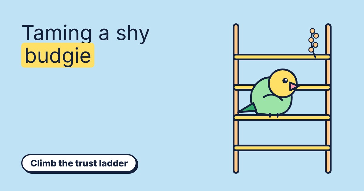 A cartoon green and yellow budgie perched on a rung of a ladder, with a sprig of millet at the top